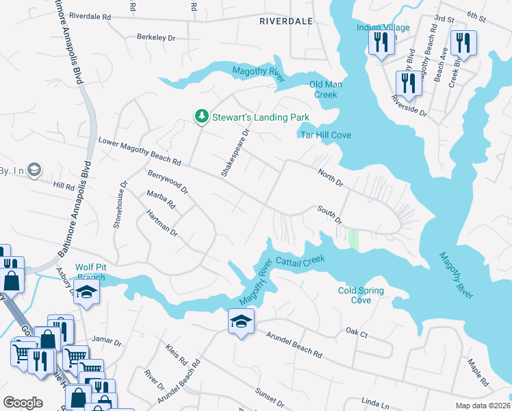 map of restaurants, bars, coffee shops, grocery stores, and more near 281 Lower Magothy Beach Road in Severna Park