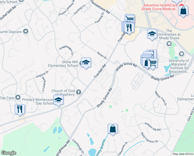 map of restaurants, bars, coffee shops, grocery stores, and more near 14217 Travilah Road in Rockville