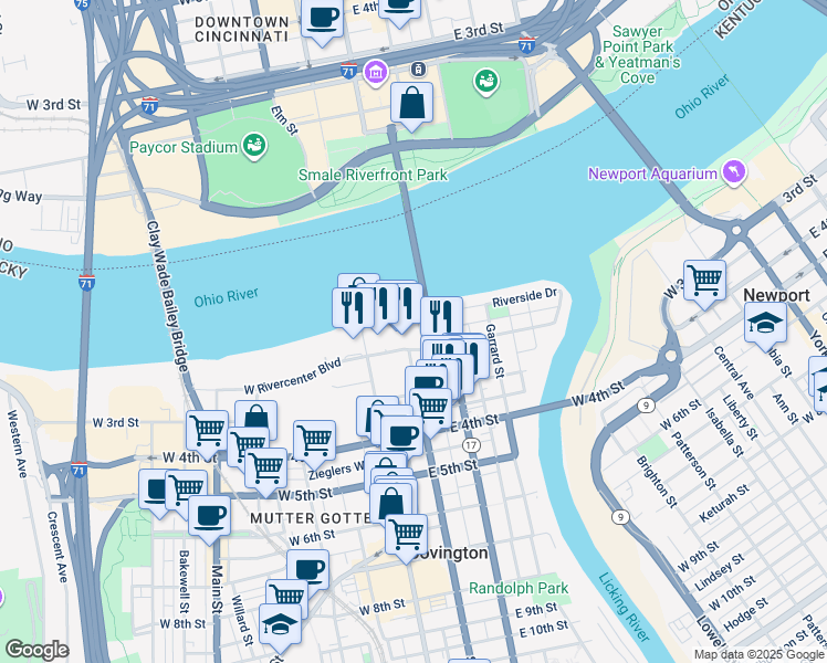 map of restaurants, bars, coffee shops, grocery stores, and more near 100 East Rivercenter Boulevard in Covington