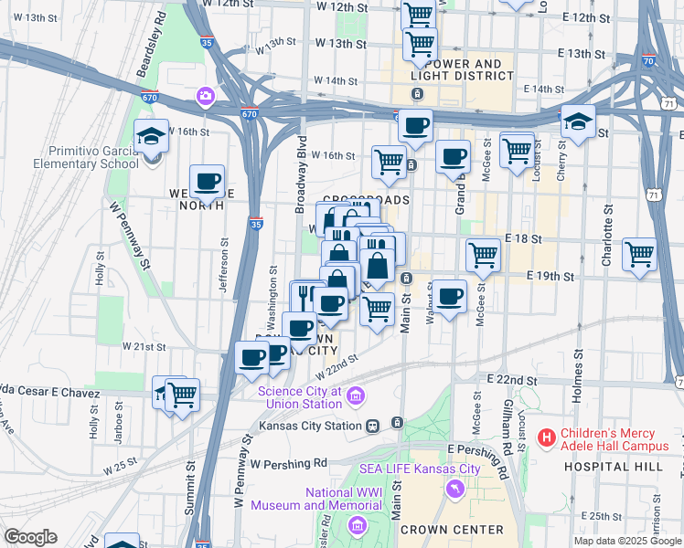 map of restaurants, bars, coffee shops, grocery stores, and more near 217 West 19 Terrace in Kansas City