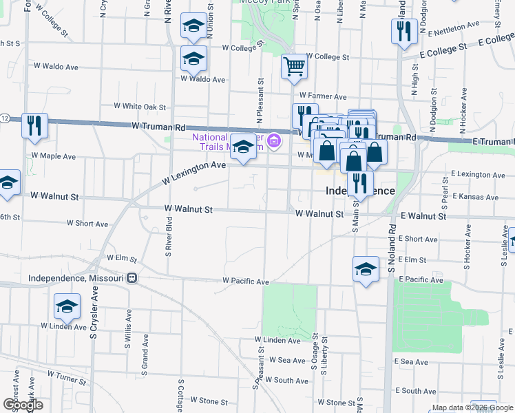 map of restaurants, bars, coffee shops, grocery stores, and more near 514 West Walnut Street in Independence