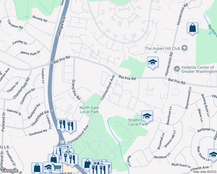map of restaurants, bars, coffee shops, grocery stores, and more near 14401 Connecticut Avenue in Silver Spring