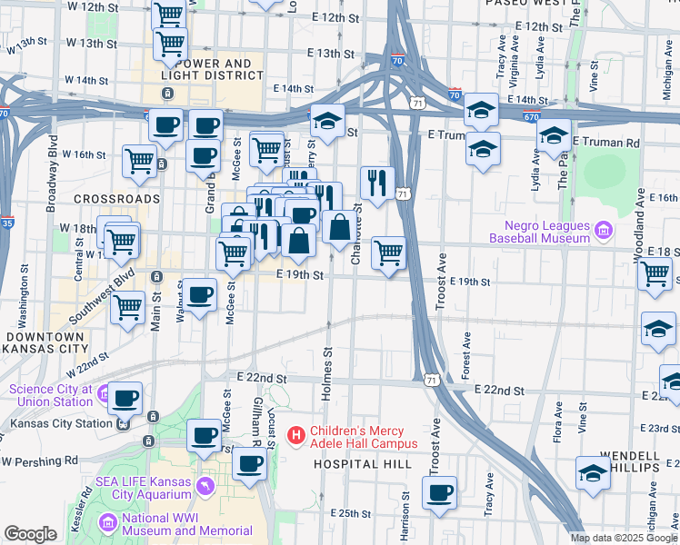 map of restaurants, bars, coffee shops, grocery stores, and more near 712 East 19th Street in Kansas City