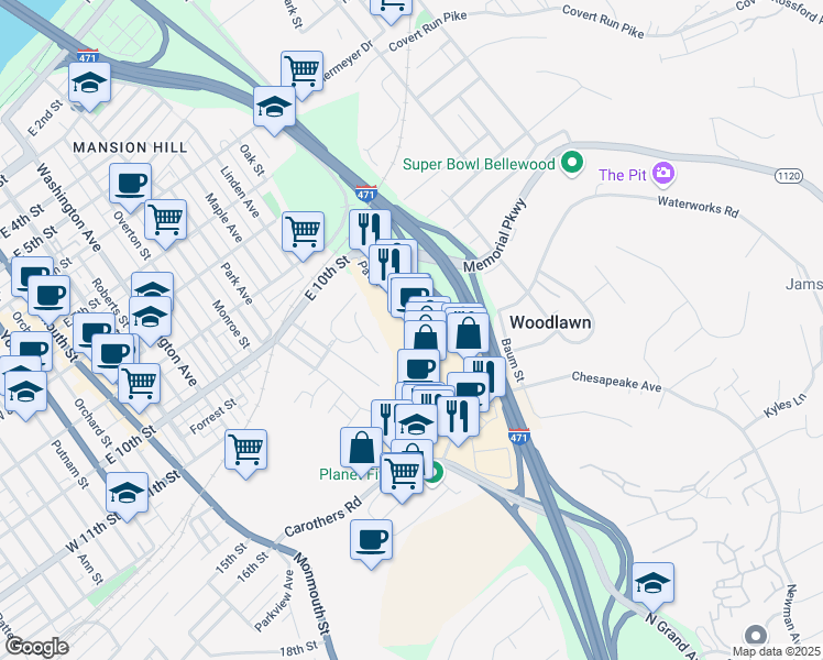 map of restaurants, bars, coffee shops, grocery stores, and more near 130 Pavilion Parkway in Newport
