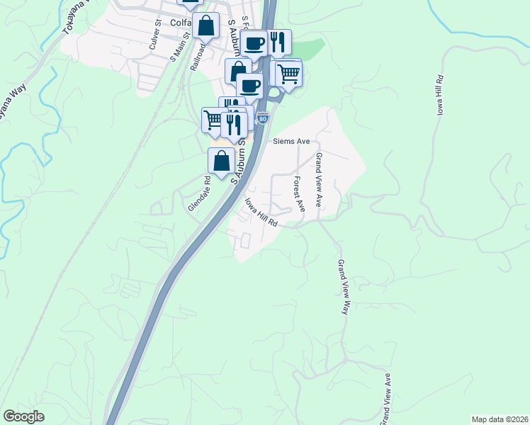 map of restaurants, bars, coffee shops, grocery stores, and more near 100 Pinetop Circle in Colfax