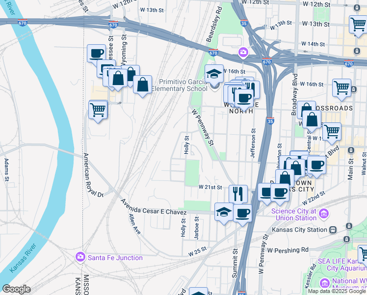map of restaurants, bars, coffee shops, grocery stores, and more near 1837 Mercier Street in Kansas City