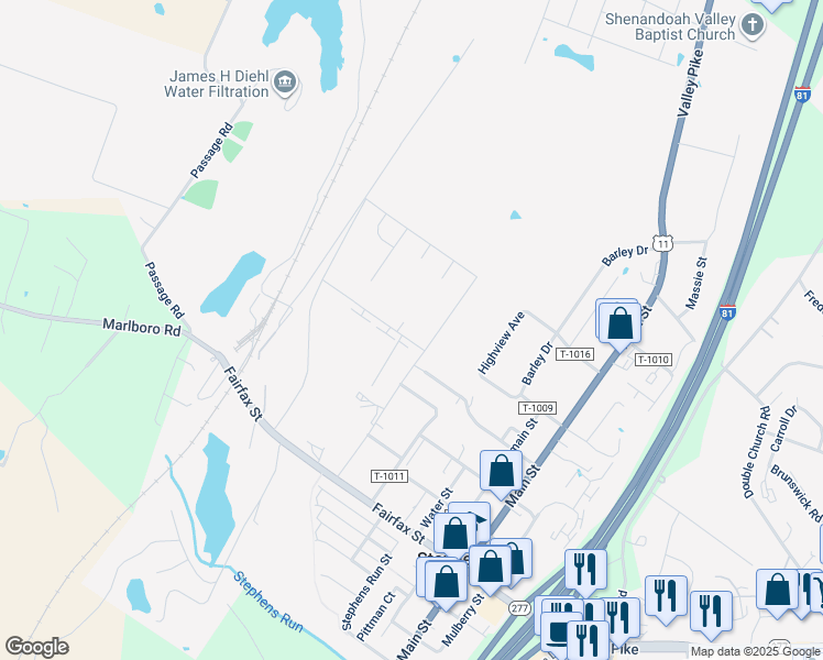map of restaurants, bars, coffee shops, grocery stores, and more near 177 Schyrock Drive in Stephens City