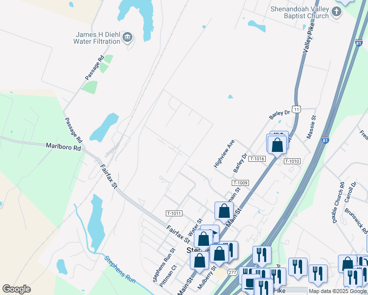 map of restaurants, bars, coffee shops, grocery stores, and more near 177 Schyrock Drive in Stephens City