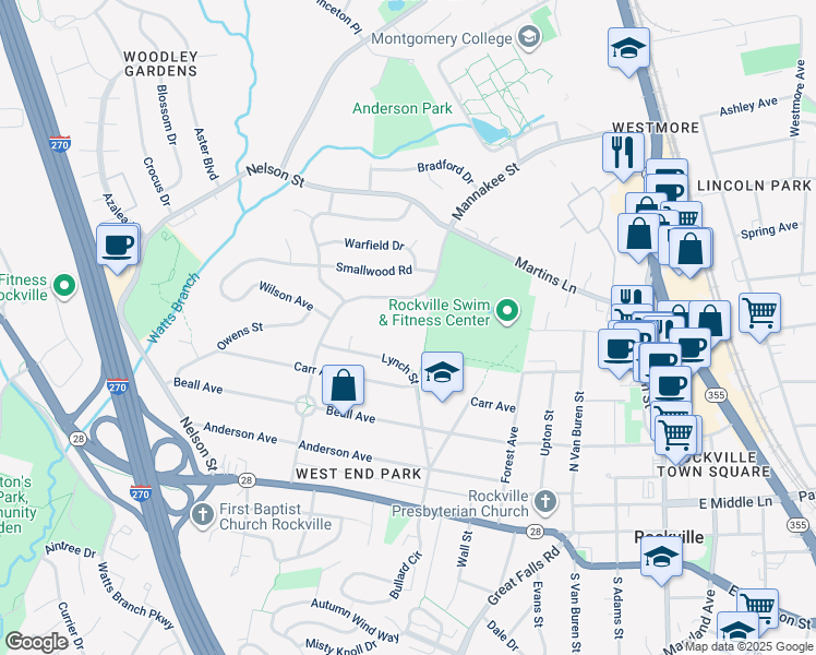 map of restaurants, bars, coffee shops, grocery stores, and more near 100 Welsh Park Drive in Rockville