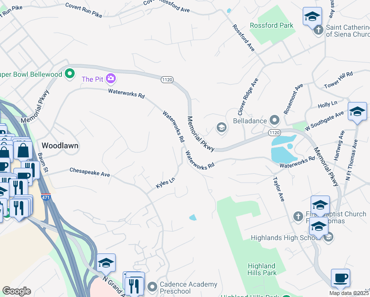 map of restaurants, bars, coffee shops, grocery stores, and more near 589 Maine Avenue in Fort Thomas