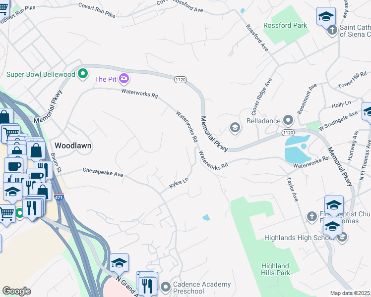 map of restaurants, bars, coffee shops, grocery stores, and more near 500 London Acres Drive in Fort Thomas