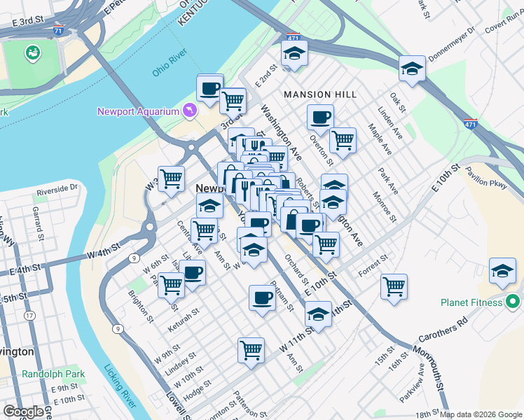map of restaurants, bars, coffee shops, grocery stores, and more near 633 York Street in Newport