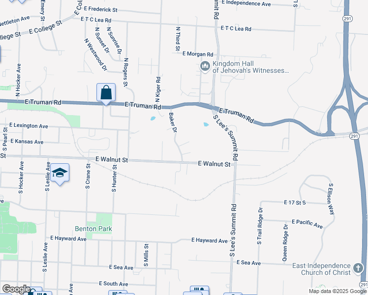 map of restaurants, bars, coffee shops, grocery stores, and more near 1448 Baker Drive in Independence