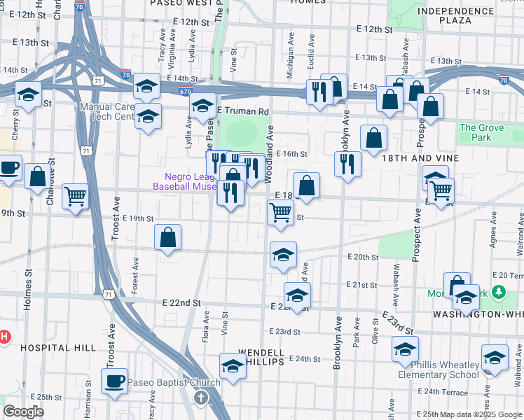 map of restaurants, bars, coffee shops, grocery stores, and more near 1834 Woodland Avenue in Kansas City
