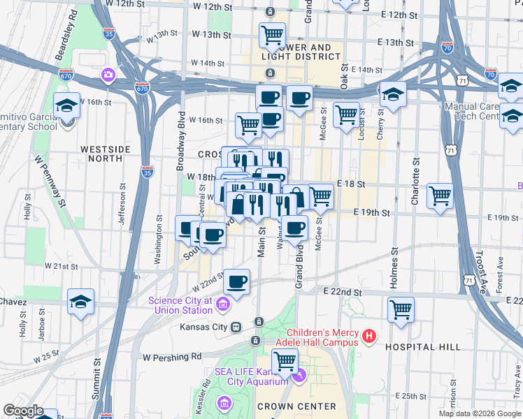 map of restaurants, bars, coffee shops, grocery stores, and more near 1908 Main Street in Kansas City