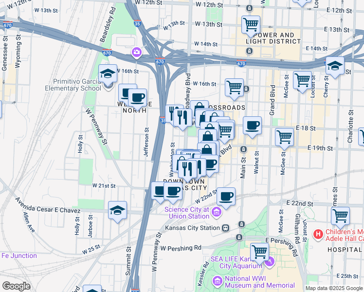 map of restaurants, bars, coffee shops, grocery stores, and more near 1943 Broadway Boulevard in Kansas City