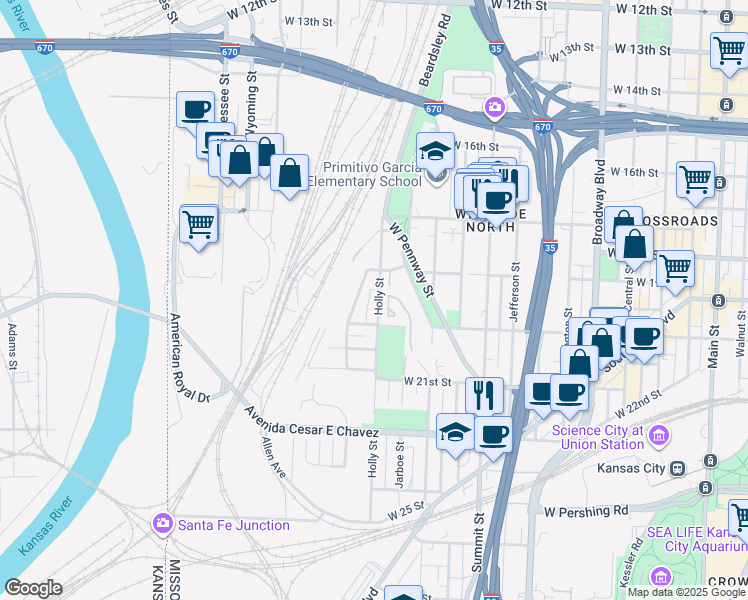map of restaurants, bars, coffee shops, grocery stores, and more near 1837 Mercier Street in Kansas City