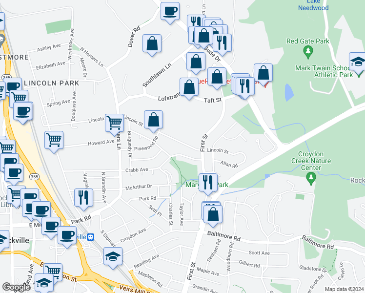 map of restaurants, bars, coffee shops, grocery stores, and more near 625 Lincoln Street in Rockville