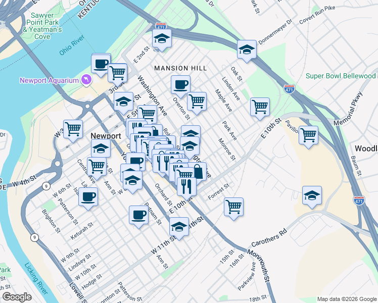 map of restaurants, bars, coffee shops, grocery stores, and more near 825 Roberts Street in Newport