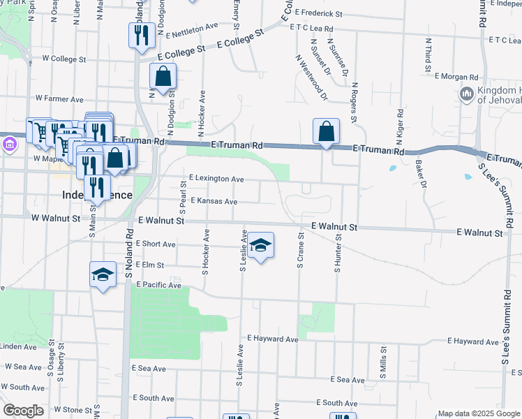 map of restaurants, bars, coffee shops, grocery stores, and more near 702 East Walnut Street in Independence