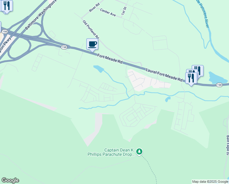 map of restaurants, bars, coffee shops, grocery stores, and more near 3159 Runnel Lane in Laurel