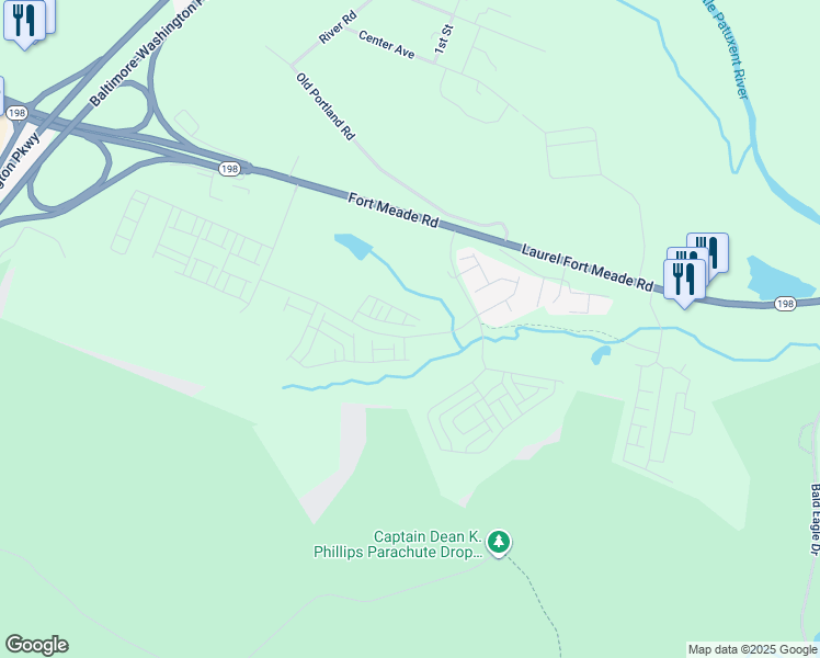 map of restaurants, bars, coffee shops, grocery stores, and more near 3159 Runnel Lane in Laurel