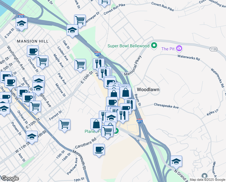 map of restaurants, bars, coffee shops, grocery stores, and more near 130 Pavilion Parkway in Newport