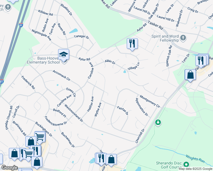 map of restaurants, bars, coffee shops, grocery stores, and more near 204 Wythe Avenue in Stephens City