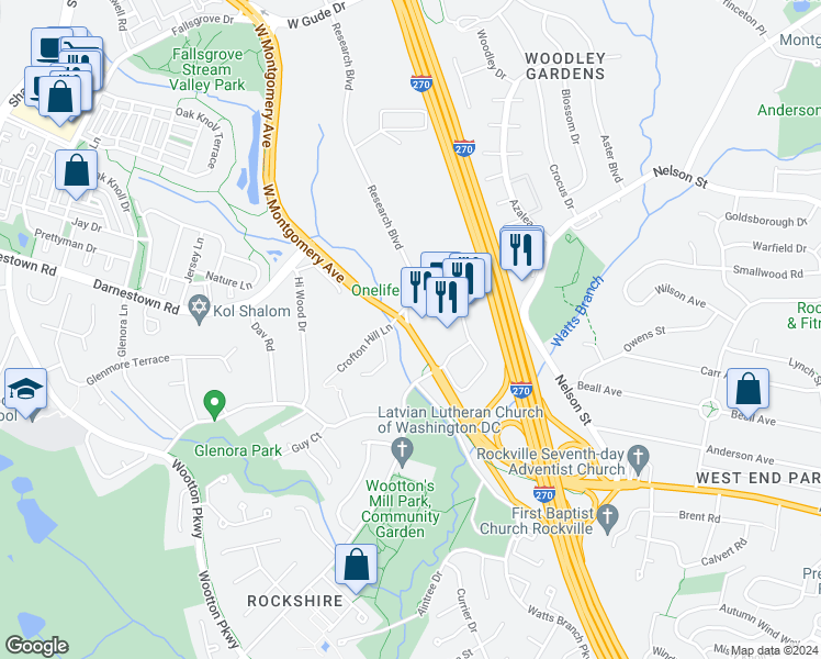 map of restaurants, bars, coffee shops, grocery stores, and more near West Montgomery Avenue in Rockville