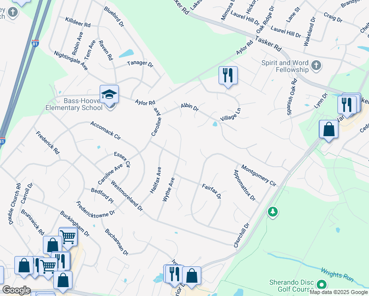 map of restaurants, bars, coffee shops, grocery stores, and more near 204 Wythe Avenue in Stephens City