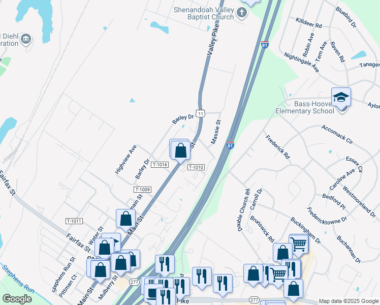 map of restaurants, bars, coffee shops, grocery stores, and more near 5066 Main Street in Stephens City