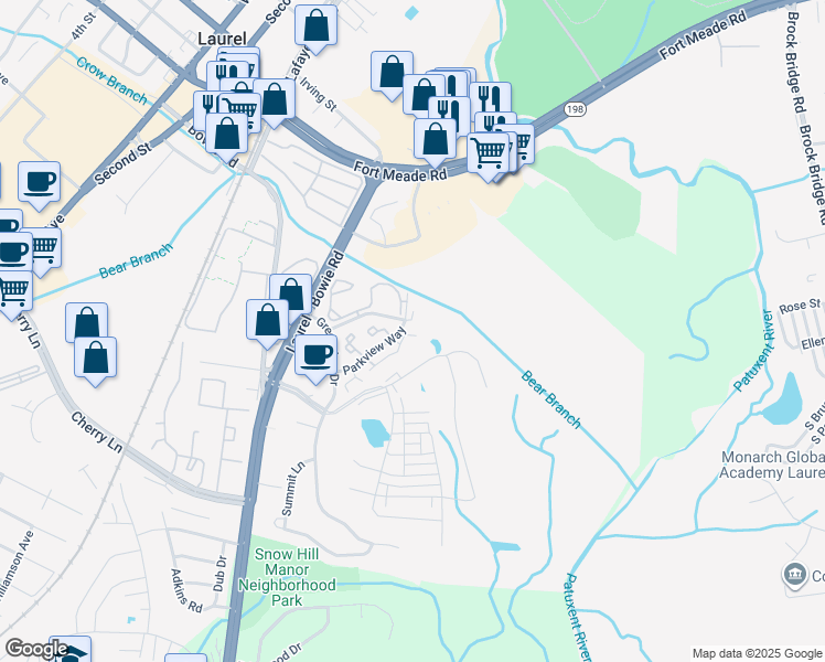 map of restaurants, bars, coffee shops, grocery stores, and more near 9440 Trevino Terrace in Laurel