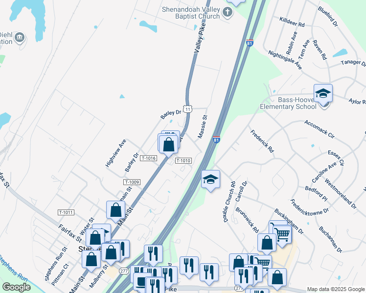 map of restaurants, bars, coffee shops, grocery stores, and more near 5066 Main Street in Stephens City