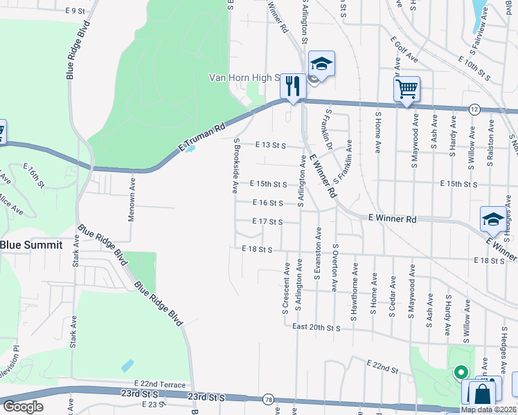 map of restaurants, bars, coffee shops, grocery stores, and more near 9330 East 17 Street South in Independence