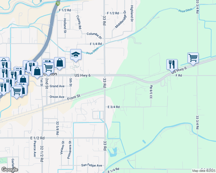 map of restaurants, bars, coffee shops, grocery stores, and more near 590 33 Road in Clifton