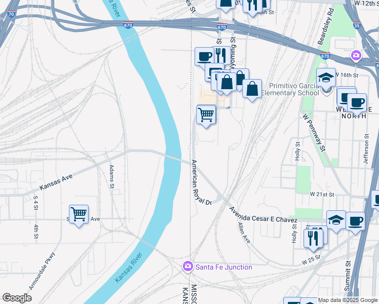 map of restaurants, bars, coffee shops, grocery stores, and more near 4123 Genesee Street in Kansas City