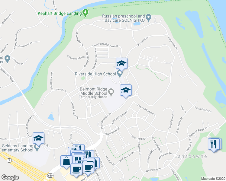 map of restaurants, bars, coffee shops, grocery stores, and more near 19045 Upper Belmont Place in Lansdowne