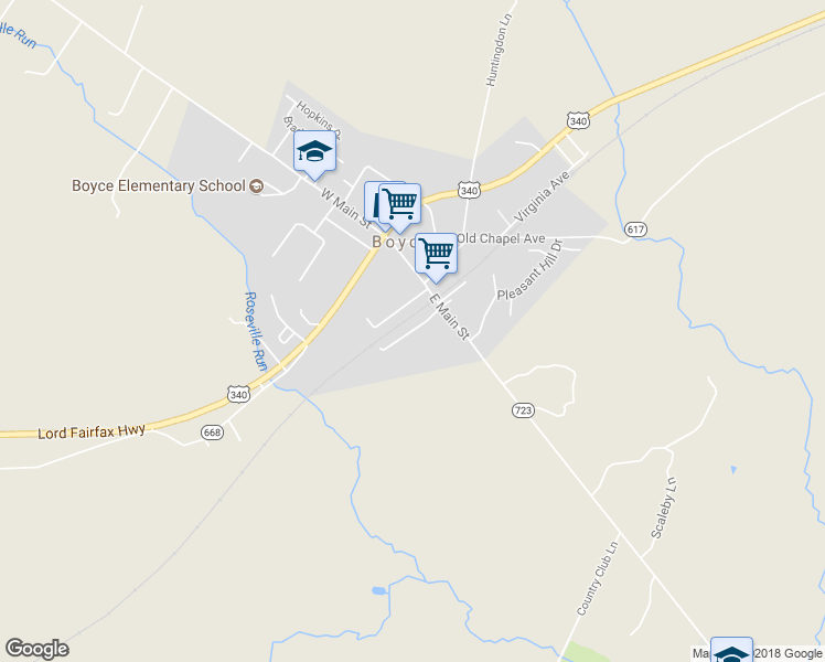 map of restaurants, bars, coffee shops, grocery stores, and more near Howards Lane in Boyce