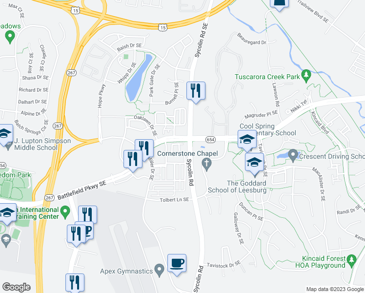 map of restaurants, bars, coffee shops, grocery stores, and more near 557 Dandelion Terrace Southeast in Leesburg