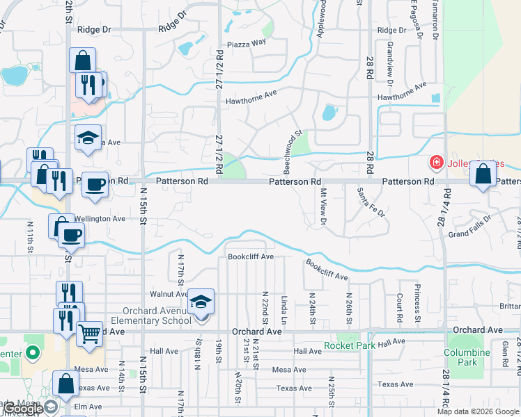 map of restaurants, bars, coffee shops, grocery stores, and more near 2101 Patterson Road in Grand Junction