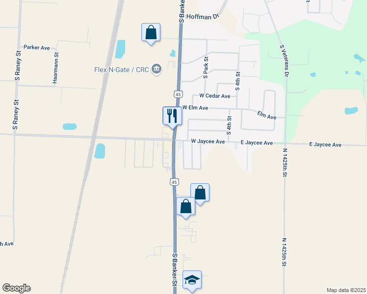 map of restaurants, bars, coffee shops, grocery stores, and more near 100-112 West Jaycee Avenue in Effingham