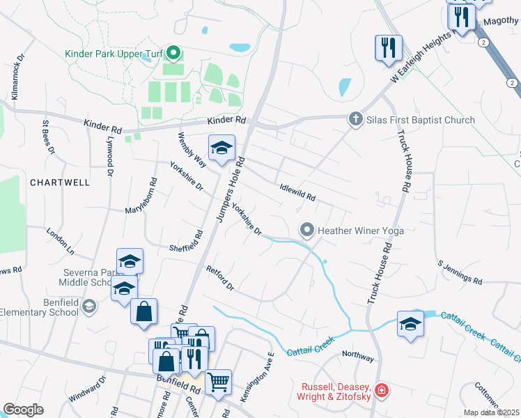 map of restaurants, bars, coffee shops, grocery stores, and more near 443 Croxton Court in Severna Park