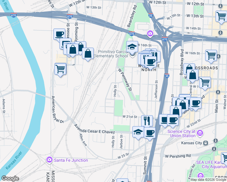 map of restaurants, bars, coffee shops, grocery stores, and more near 1837 Mercier Street in Kansas City
