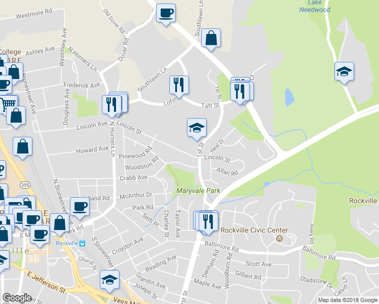 map of restaurants, bars, coffee shops, grocery stores, and more near 634 Lincoln Street in Rockville