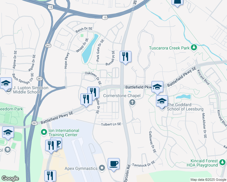 map of restaurants, bars, coffee shops, grocery stores, and more near 565 Dandelion Terrace Southeast in Leesburg