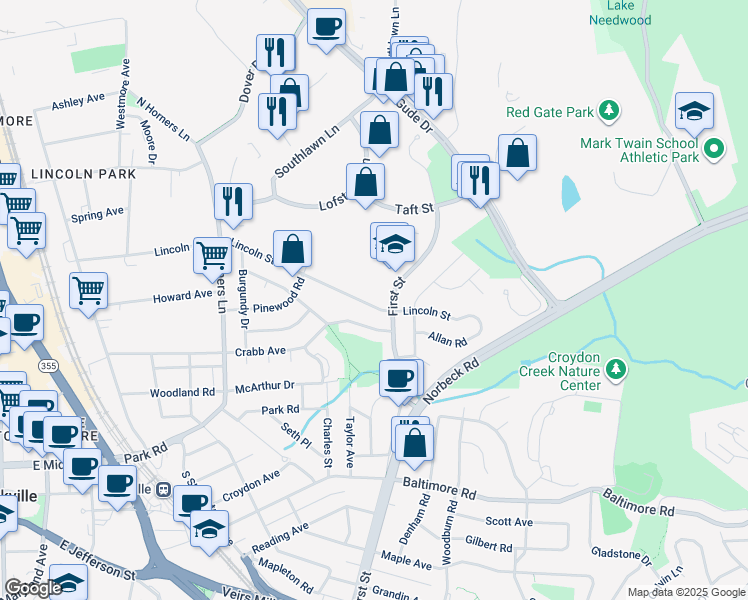map of restaurants, bars, coffee shops, grocery stores, and more near 634 Lincoln Street in Rockville