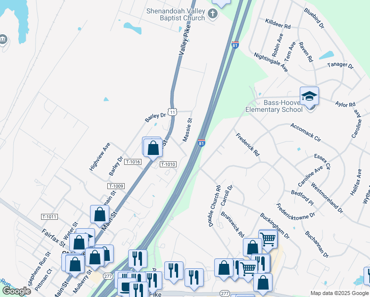 map of restaurants, bars, coffee shops, grocery stores, and more near 151 Stephens Court in Stephens City