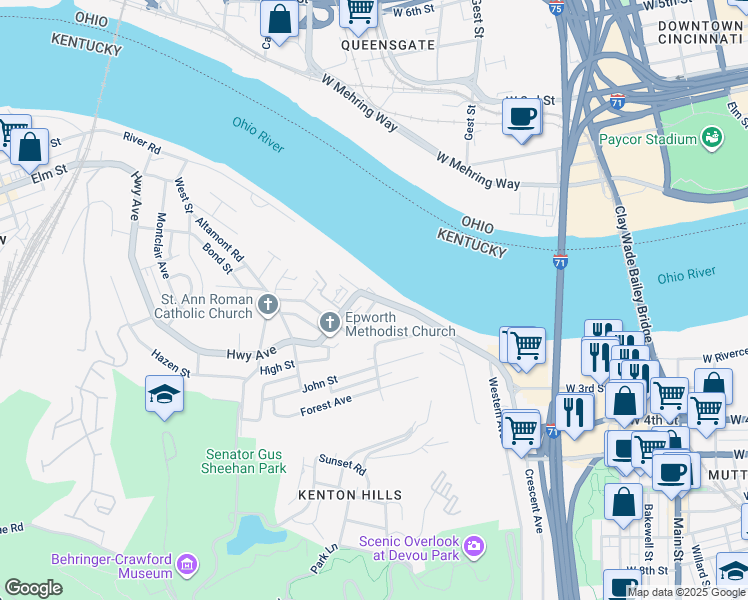 map of restaurants, bars, coffee shops, grocery stores, and more near Parkway Avenue in Covington