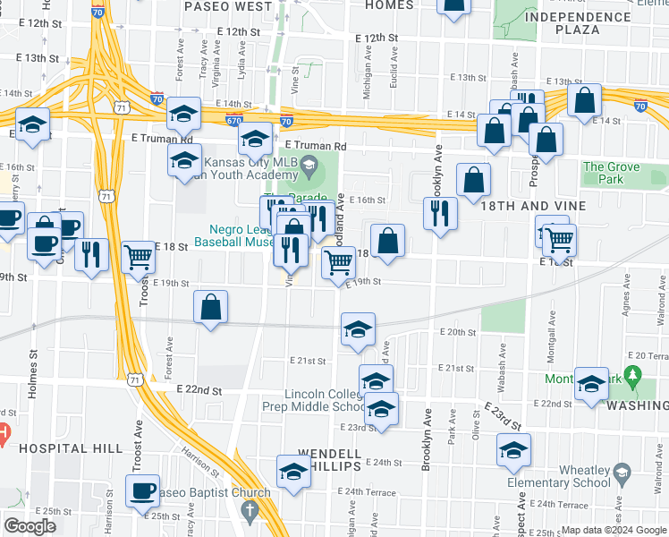 map of restaurants, bars, coffee shops, grocery stores, and more near 1820 Woodland Avenue in Kansas City