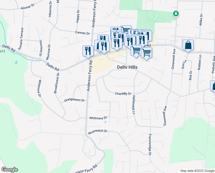 map of restaurants, bars, coffee shops, grocery stores, and more near 5140 Chantilly Drive in Cincinnati